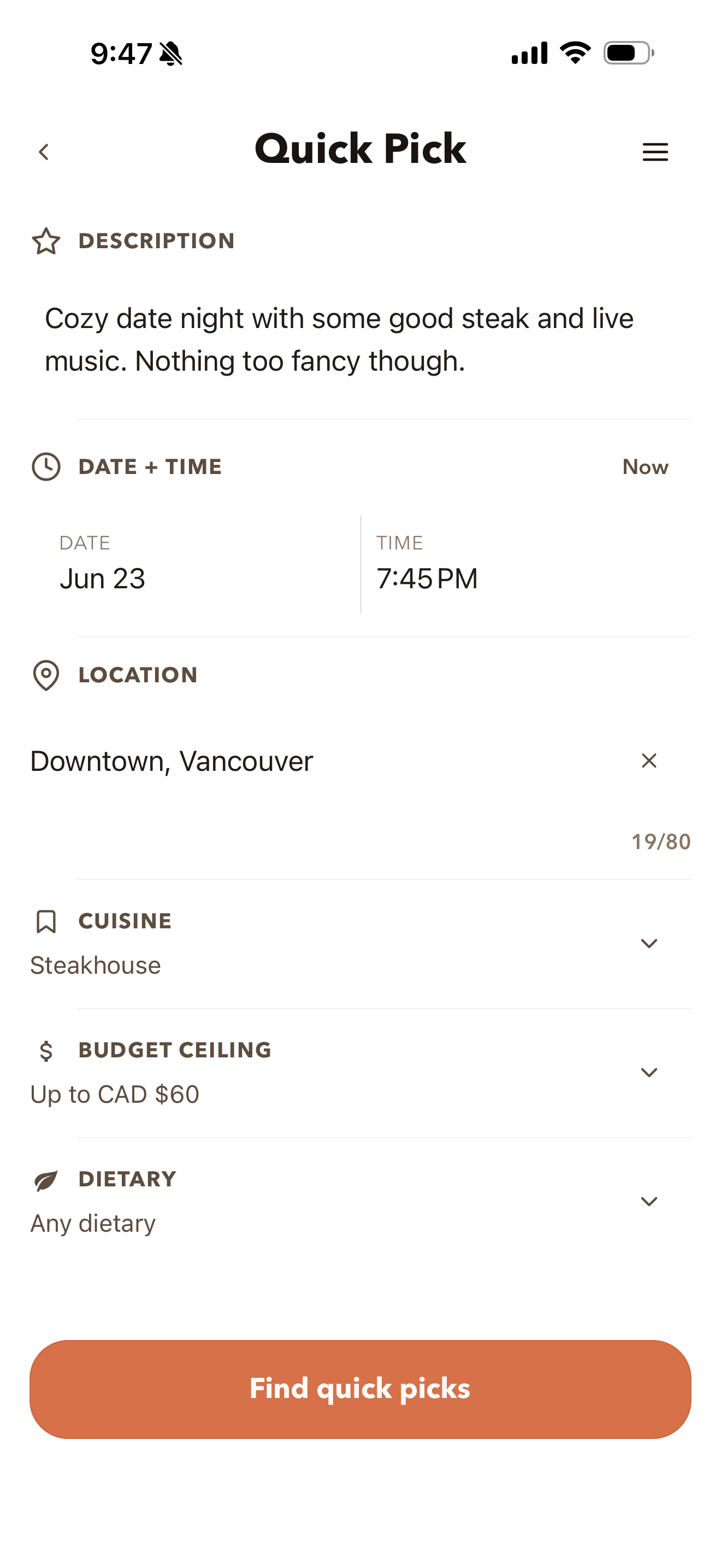 Nearby Eats Quick Pick screen where the user describes the kind of restaurant mood they want