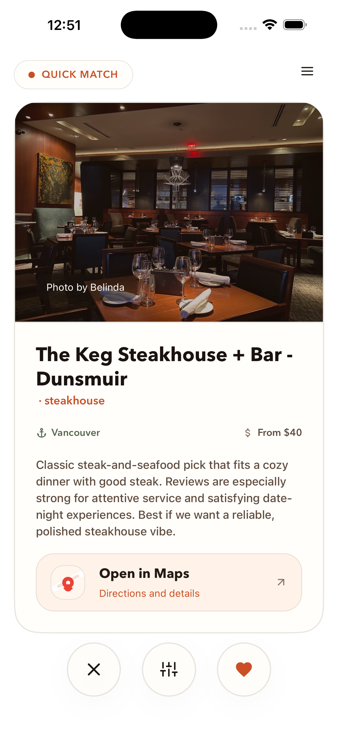 Nearby Eats app showing a Quick Match card for The Keg Steakhouse + Bar - Dunsmuir